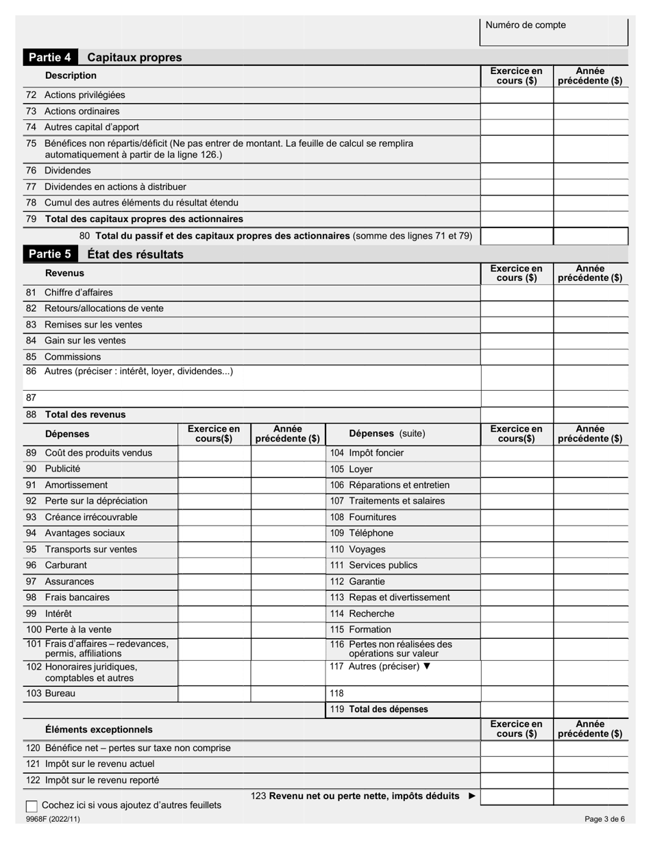Forme 9968F Evaluation Par Questionnaire Financier - Entreprise - Ontario, Canada (French), Page 3