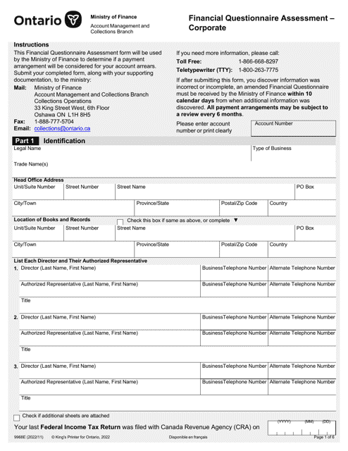 Form 9968E Financial Questionnaire Assessment - Corporate - Ontario, Canada