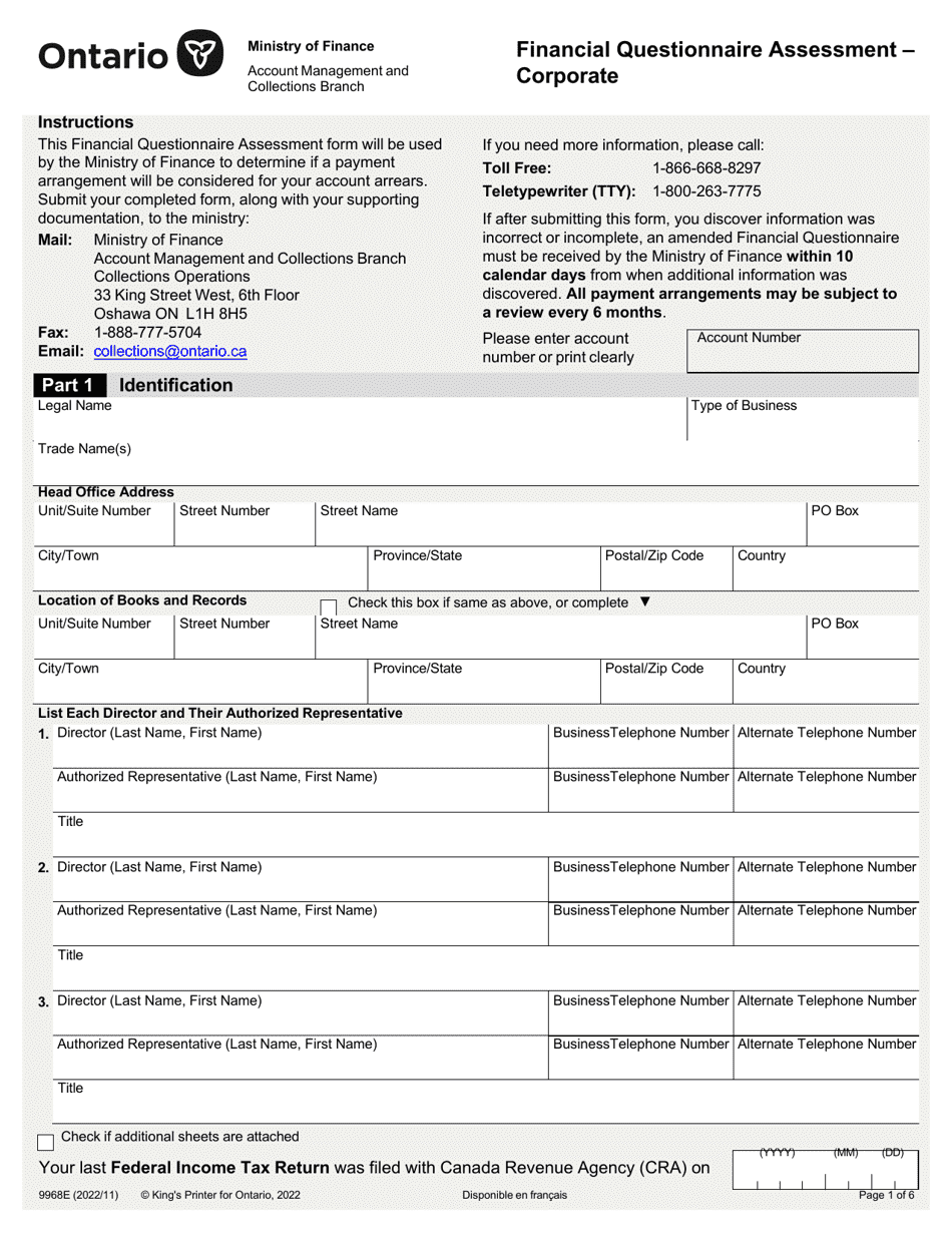 Form 9968E Financial Questionnaire Assessment - Corporate - Ontario, Canada, Page 1