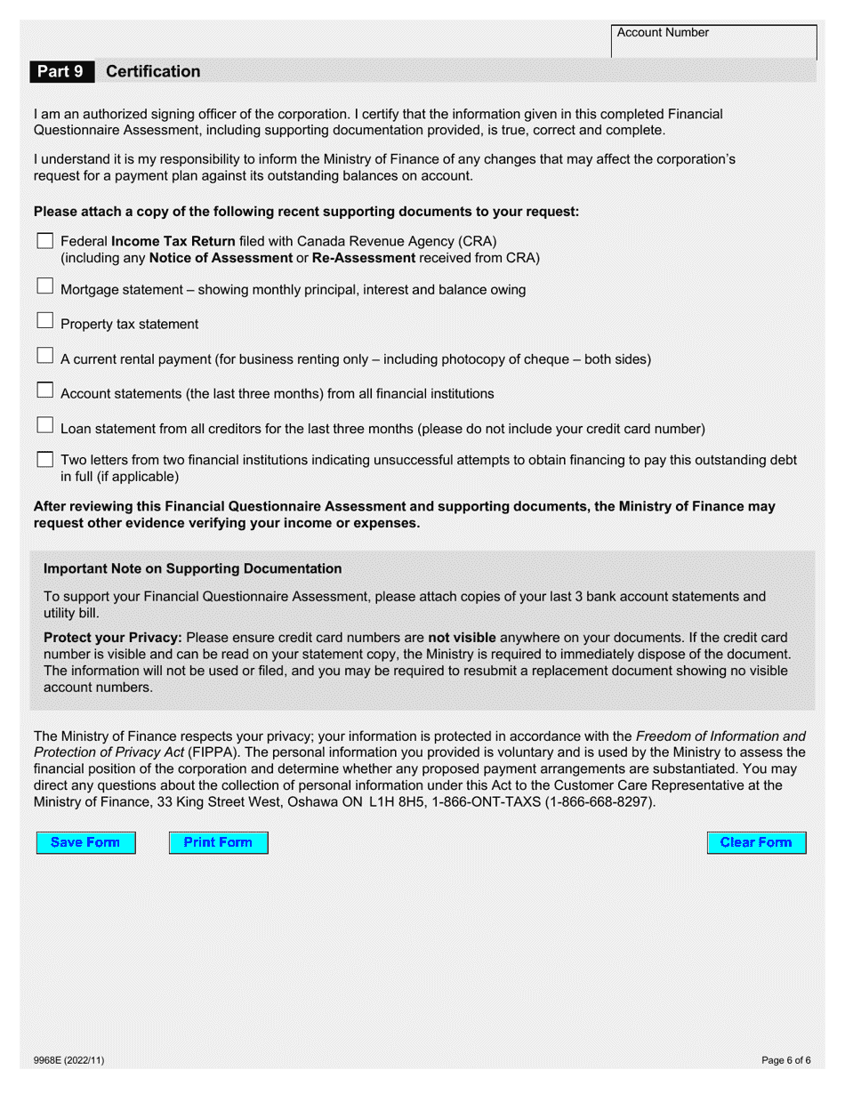 Form 9968E Financial Questionnaire Assessment - Corporate - Ontario, Canada, Page 6