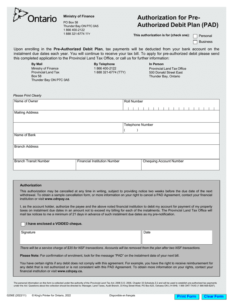 Form 0256E Authorization for Pre- Authorized Debit Plan (Pad) - Ontario, Canada, Page 1