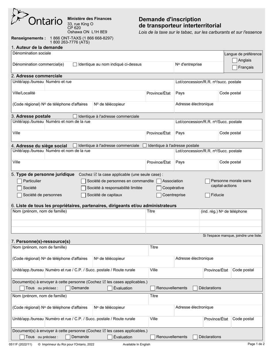Forme 0511F Demande Dinscription De Transporteur Interterritorial - Ontario, Canada (French), Page 1