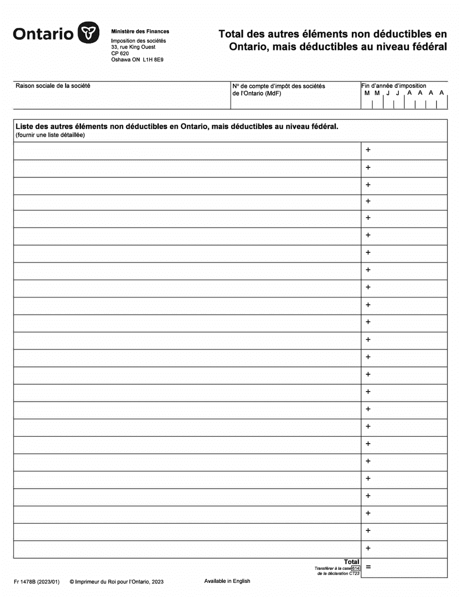 Forme 1478B Total DES Autres Elements Non Deductibles En Ontario, Mais Deductibles Au Niveau Federal - Ontario, Canada (French), Page 1