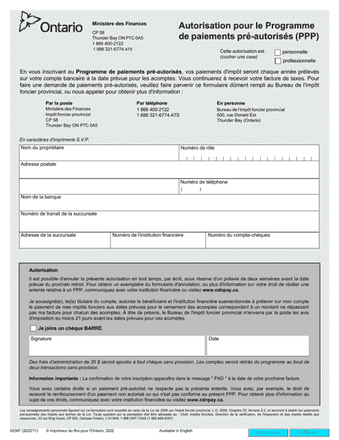 Forme 0256F Autorisation Pour Le Programme De Paiements Pre-autorises (PPP) - Ontario, Canada (French)