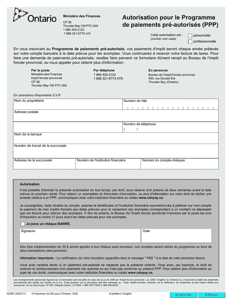 Forme 0256F Autorisation Pour Le Programme De Paiements Pre-autorises (PPP) - Ontario, Canada (French), Page 1