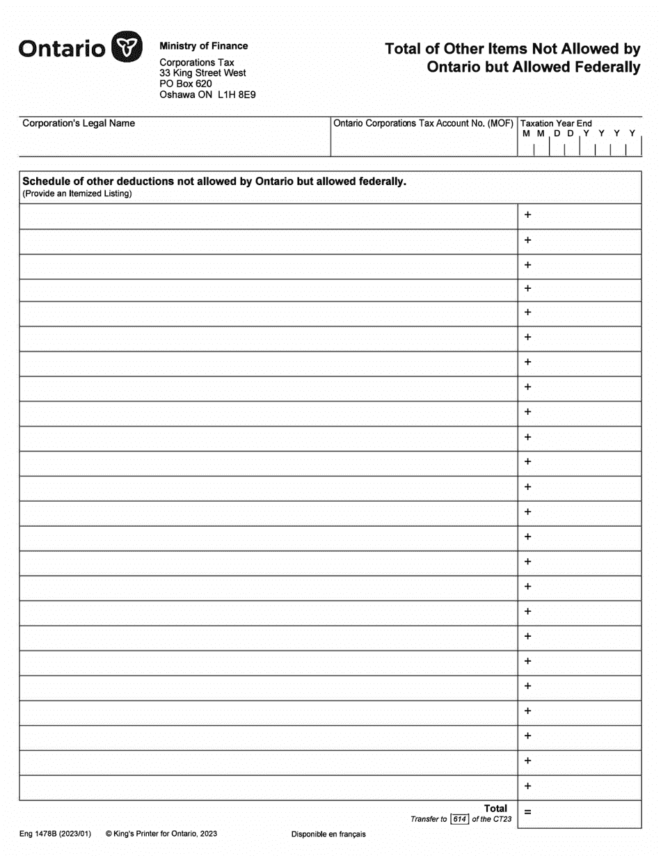 Form 1478B Total of Other Items Not Allowed by Ontario but Allowed Federally - Ontario, Canada, Page 1