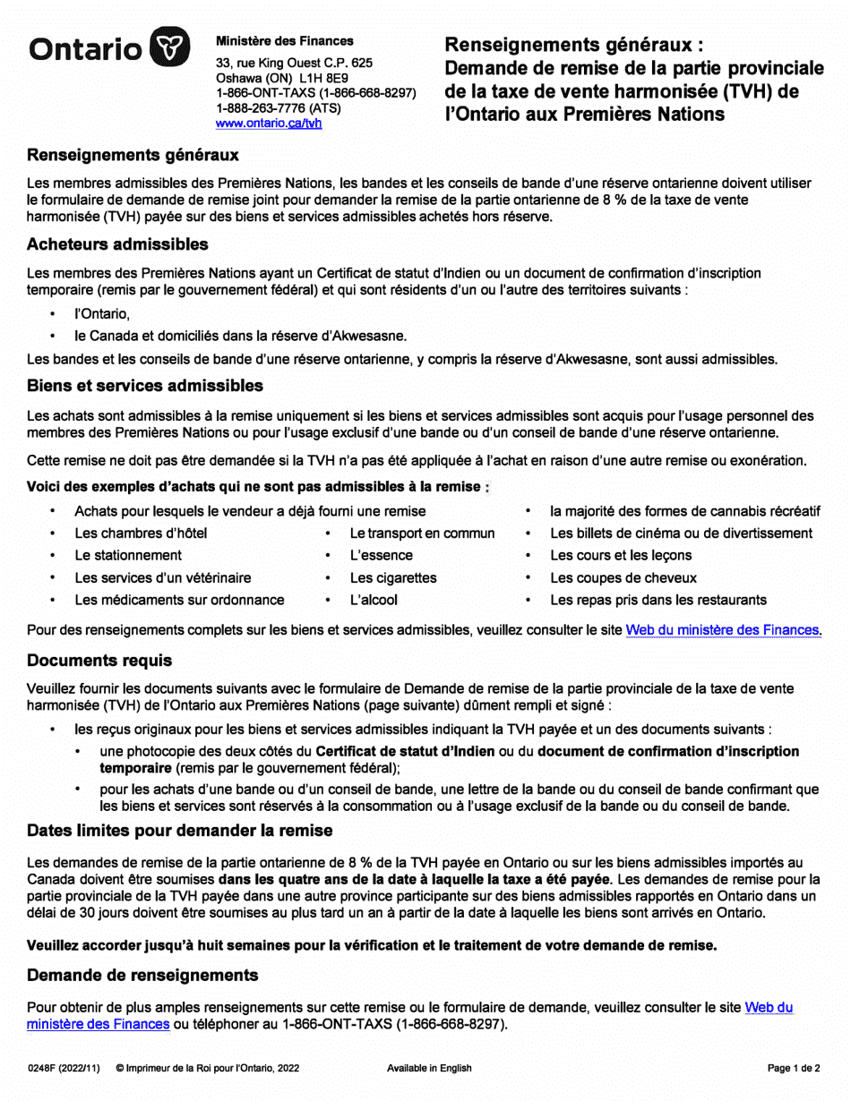 Forme 0248F Demande De Remise De La Partie Provinciale De La Taxe De Vente Harmonisee (Tvh) De Lontario Aux Premieres Nations - Ontario, Canada (French), Page 1