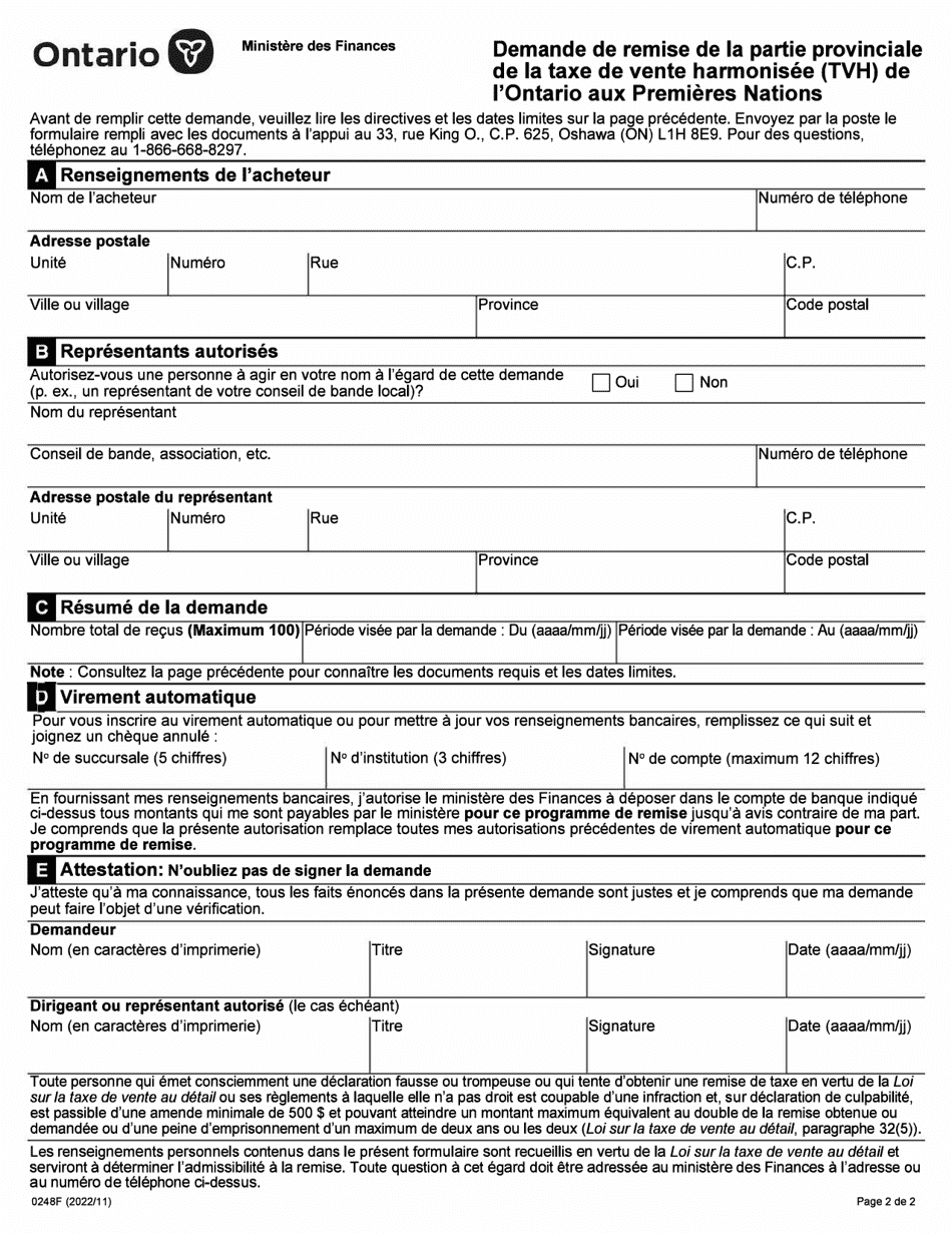 Forme 0248F Demande De Remise De La Partie Provinciale De La Taxe De Vente Harmonisee (Tvh) De Lontario Aux Premieres Nations - Ontario, Canada (French), Page 2
