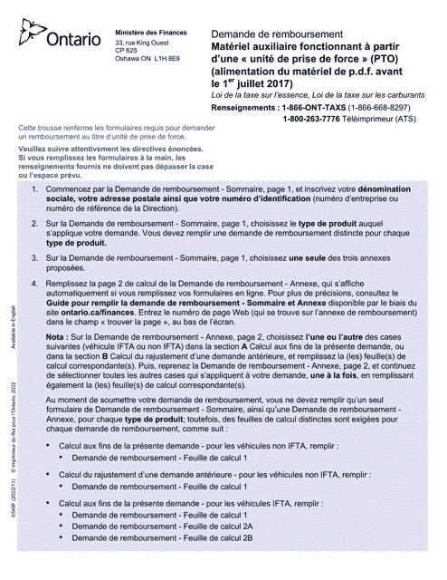Forme 0549F Demande De Remboursement - Materiel Auxiliaire Fonctionnant a Partir D'une Unite De Prise De Force (Pto) (Alimentation Du Materiel De P.d.f. Avant Le 1er Juillet 2017) - Ontario, Canada (French)