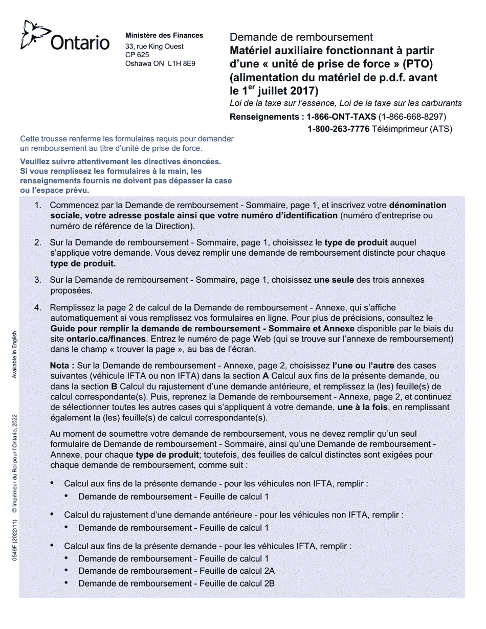 Forme 0549F Demande De Remboursement - Materiel Auxiliaire Fonctionnant a Partir Dune Unite De Prise De Force (Pto) (Alimentation Du Materiel De P.d.f. Avant Le 1er Juillet 2017) - Ontario, Canada (French), Page 1