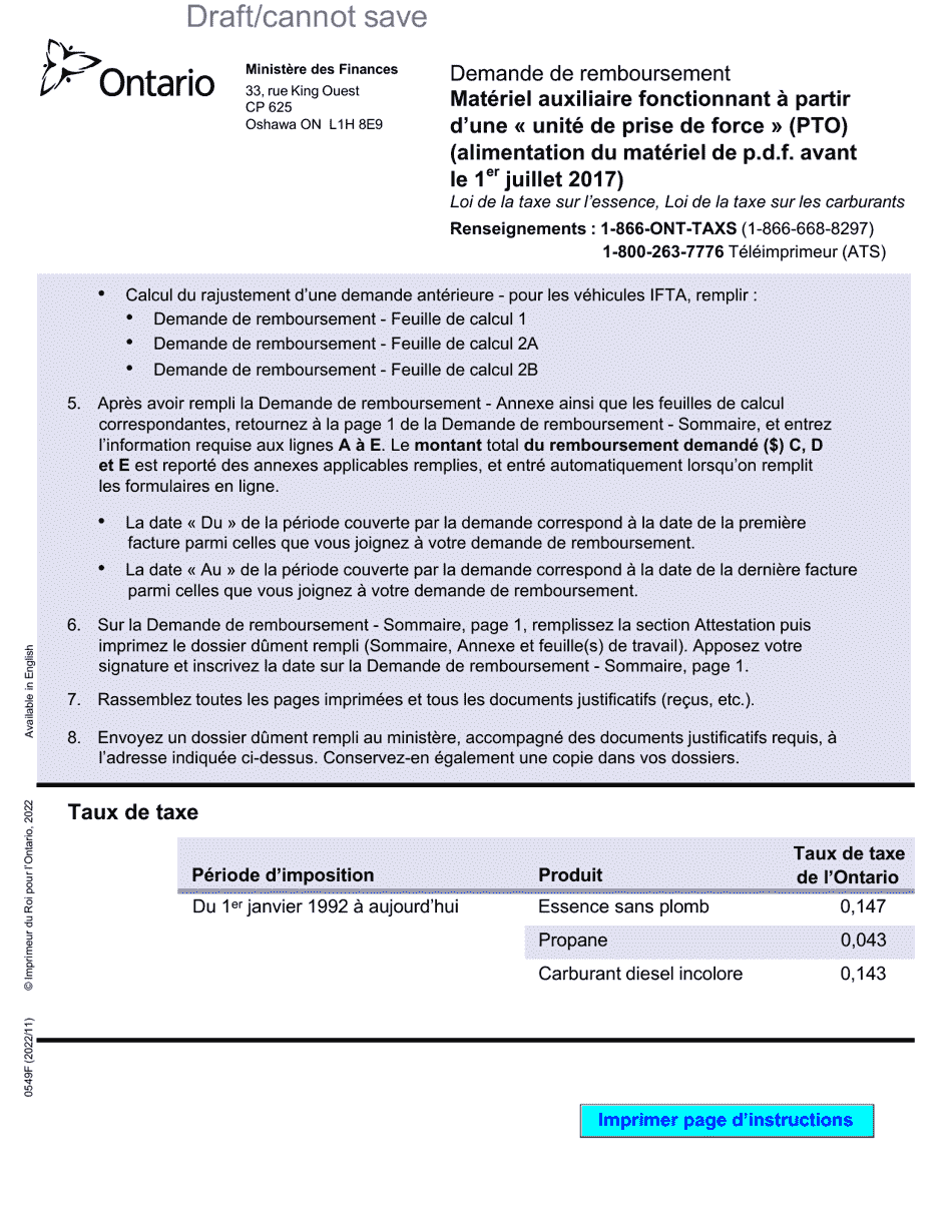 Forme 0549F Demande De Remboursement - Materiel Auxiliaire Fonctionnant a Partir Dune Unite De Prise De Force (Pto) (Alimentation Du Materiel De P.d.f. Avant Le 1er Juillet 2017) - Ontario, Canada (French), Page 2