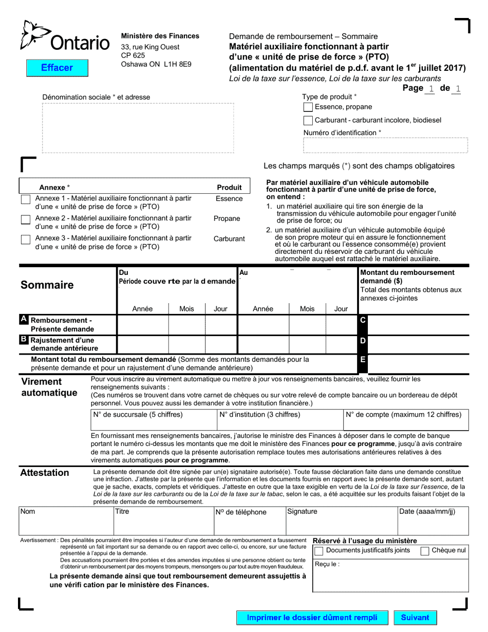 Forme 0549F Demande De Remboursement - Materiel Auxiliaire Fonctionnant a Partir Dune Unite De Prise De Force (Pto) (Alimentation Du Materiel De P.d.f. Avant Le 1er Juillet 2017) - Ontario, Canada (French), Page 3