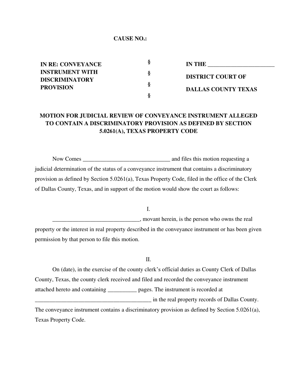 Motion for Judicial Review of Conveyance Instrument Alleged to Contain a Discriminatory Provision as Defined by Section 5.0261(A), Texas Property Code - Dallas County, Texas, Page 1