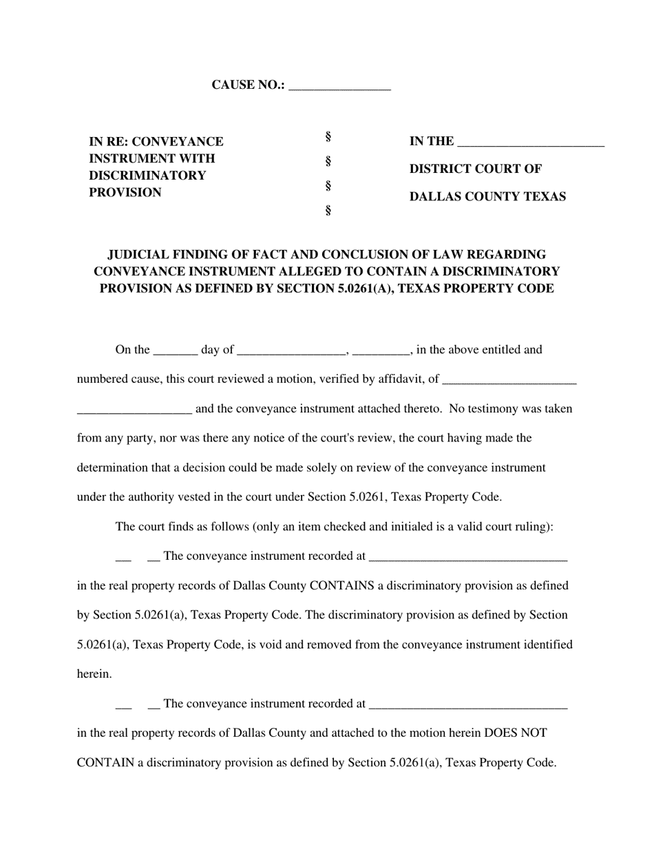 Judicial Finding of Fact and Conclusion of Law Regarding Conveyance Instrument Alleged to Contain a Discriminatory Provision as Defined by Section 5.0261(A), Texas Property Code - Dallas County, Texas, Page 1