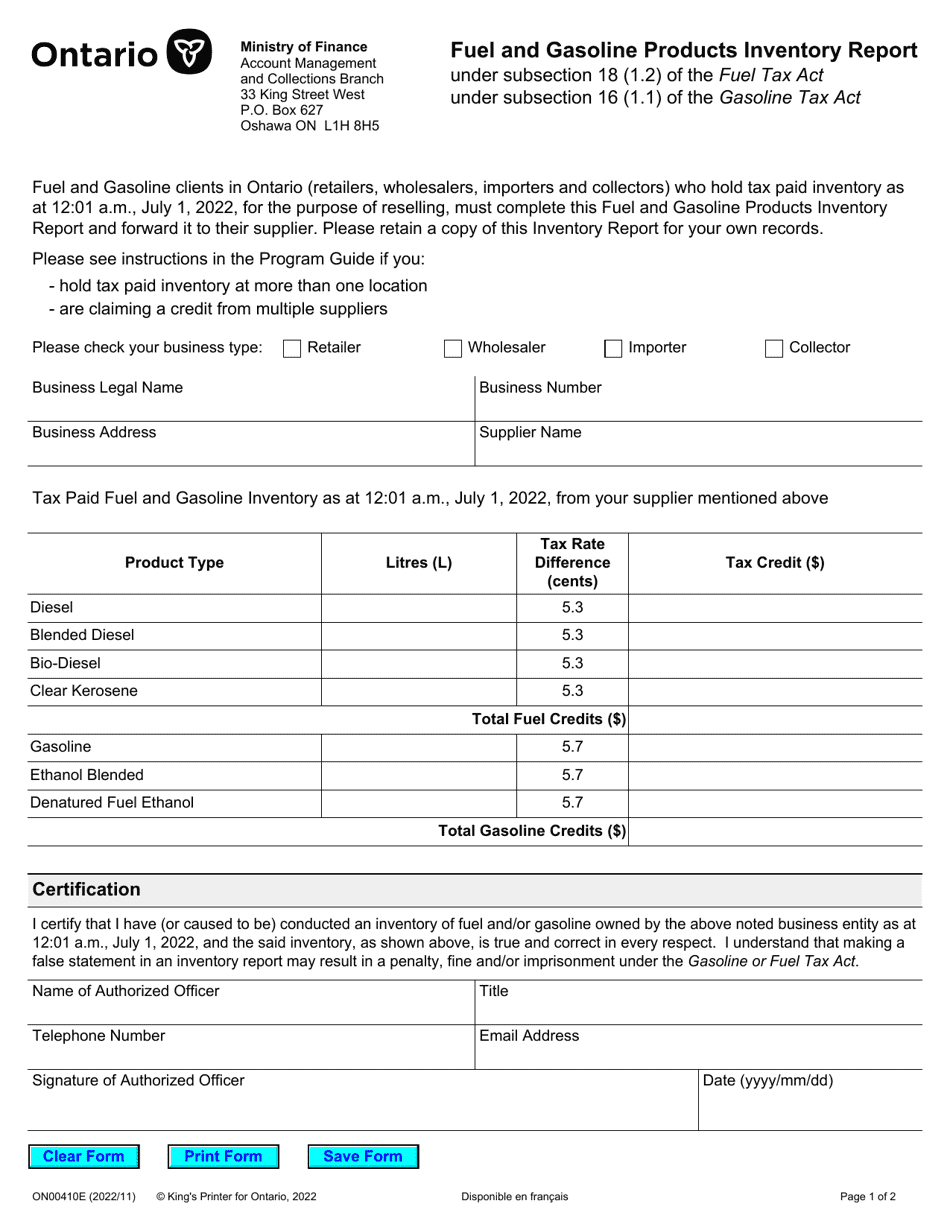 Form ON00410E Fuel and Gasoline Products Inventory Report - Ontario, Canada, Page 1