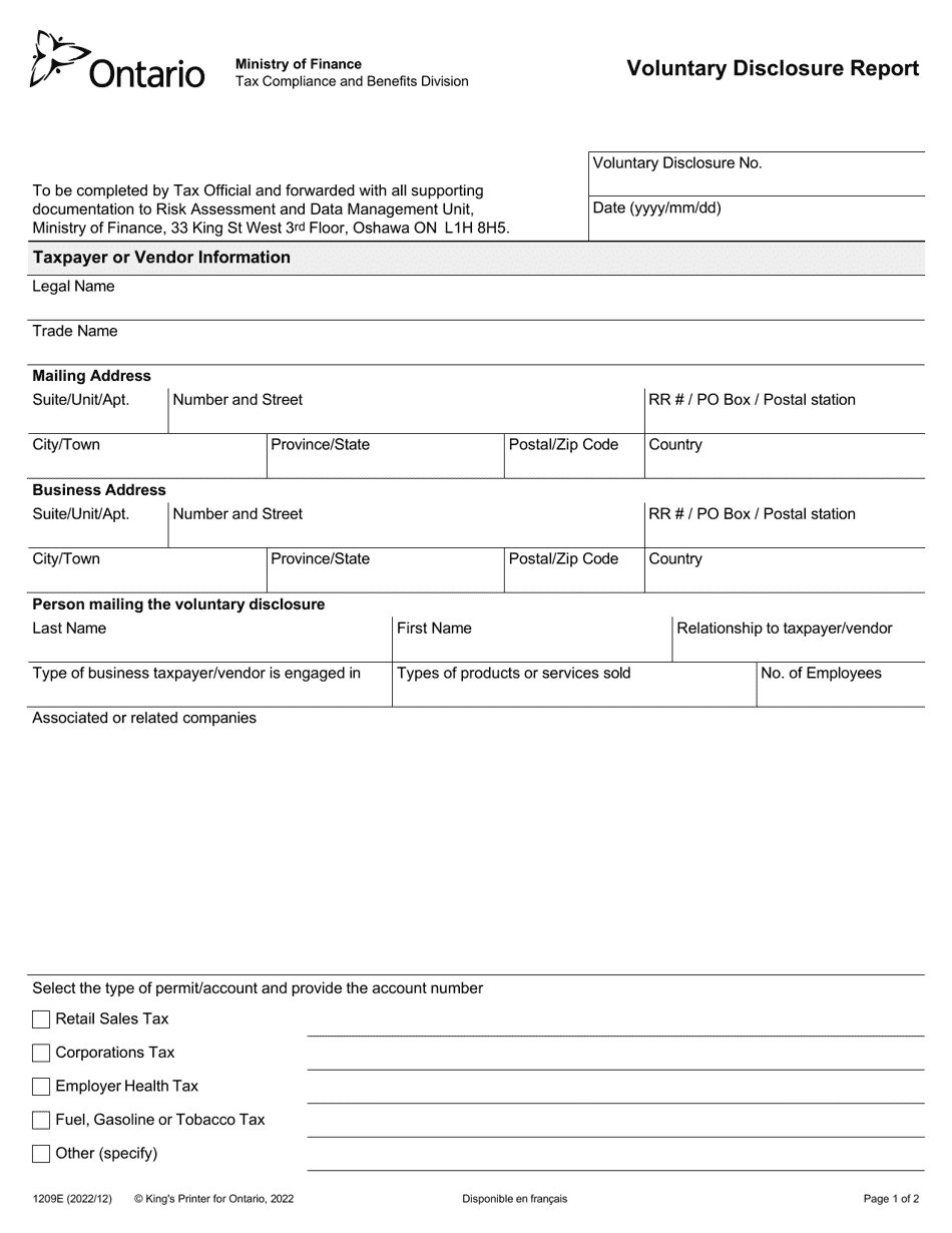 Form 1209e Fill Out Sign Online And Download Fillable Pdf Ontario Canada Templateroller 