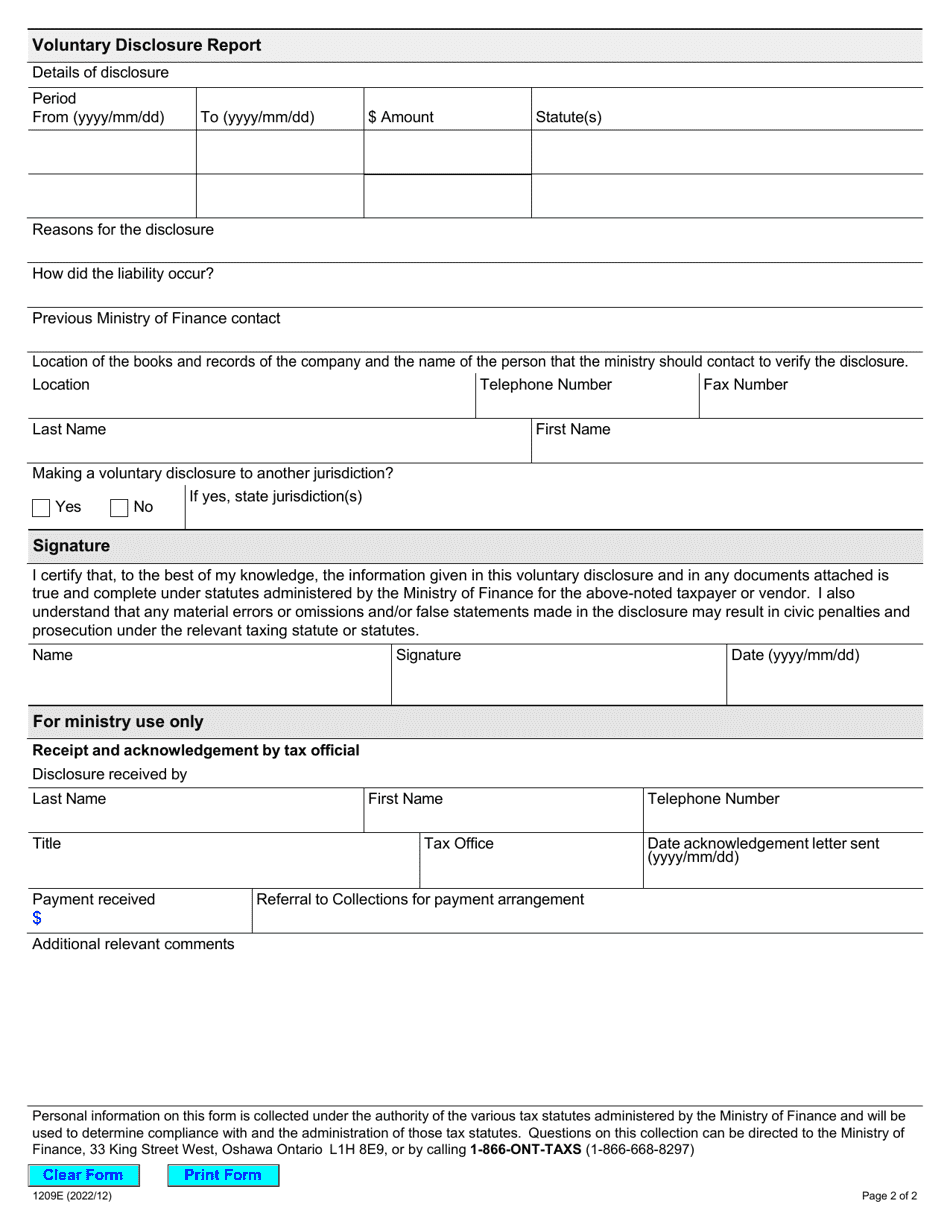 Form 1209E Voluntary Disclosure Report - Ontario, Canada, Page 2