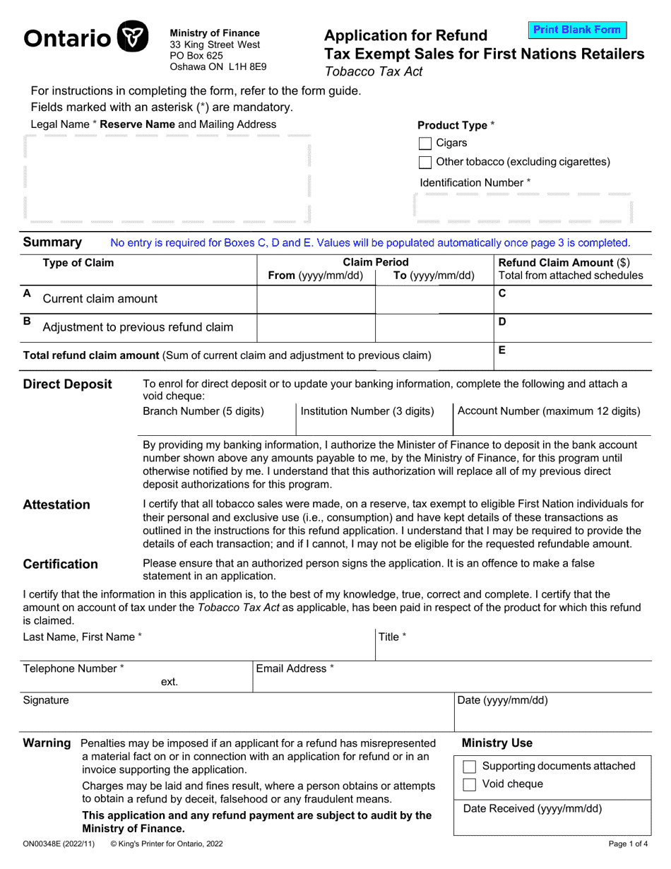Form ON00348E Application for Refund - Tax Exempt Sales for First Nations Retailers - Ontario, Canada, Page 1