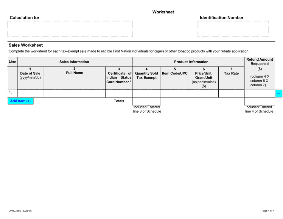 Form ON00348E Application for Refund - Tax Exempt Sales for First Nations Retailers - Ontario, Canada, Page 4