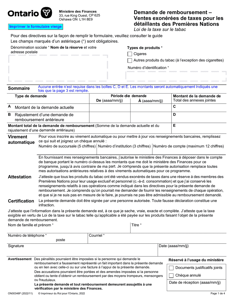 Forme ON00348F Demande De Remboursement - Ventes Exonerees De Taxes Pour Les Detaillants DES Premieres Nations - Ontario, Canada (French), Page 1