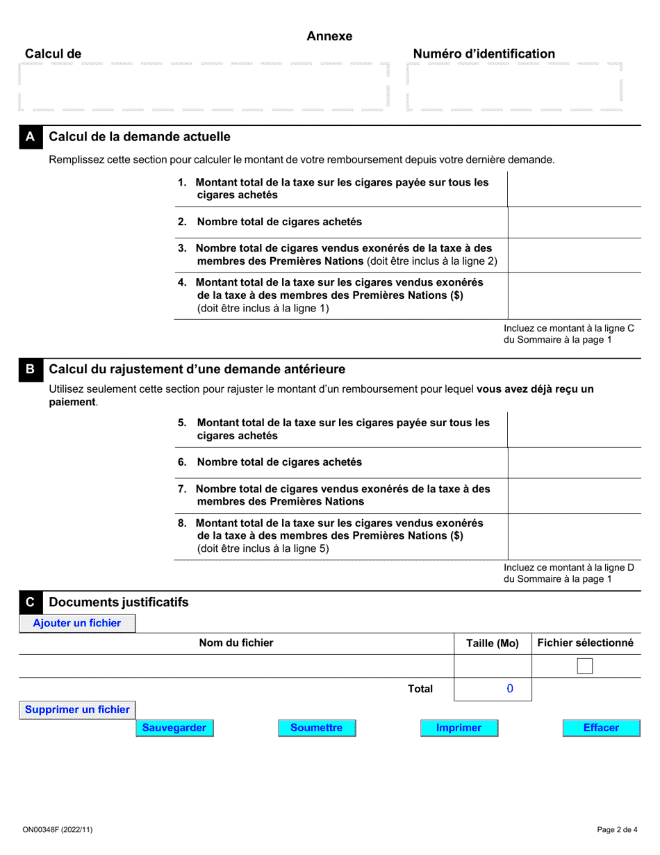 Forme ON00348F Demande De Remboursement - Ventes Exonerees De Taxes Pour Les Detaillants DES Premieres Nations - Ontario, Canada (French), Page 2
