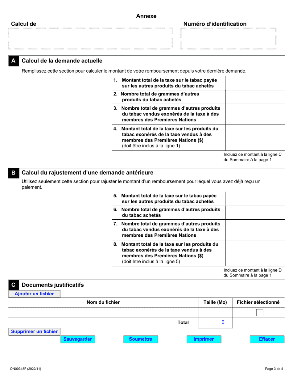 Forme ON00348F Demande De Remboursement - Ventes Exonerees De Taxes Pour Les Detaillants DES Premieres Nations - Ontario, Canada (French), Page 3