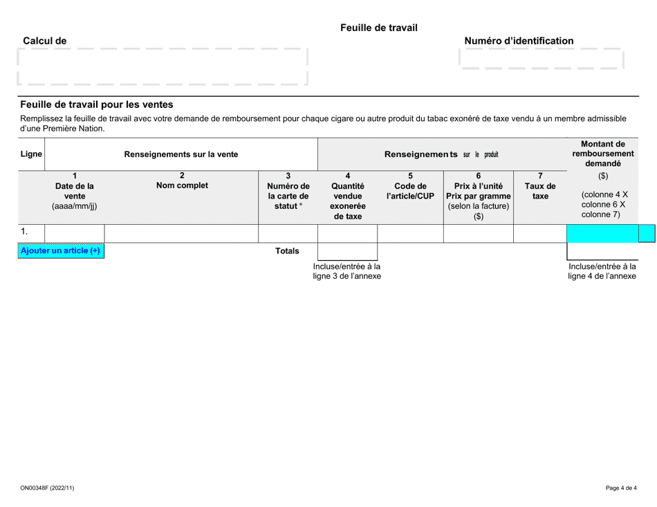 Forme ON00348F Demande De Remboursement - Ventes Exonerees De Taxes Pour Les Detaillants DES Premieres Nations - Ontario, Canada (French), Page 4