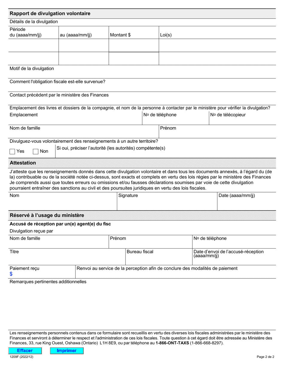 Forme 1209F Rapport De Divulgation Volontaire - Ontario, Canada (French), Page 2