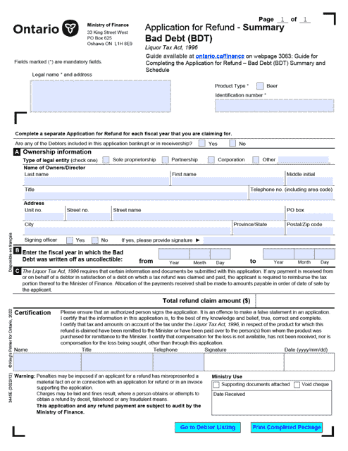 Form 3445E Application for Refund - Bad Debt (Bdt) - Ontario, Canada