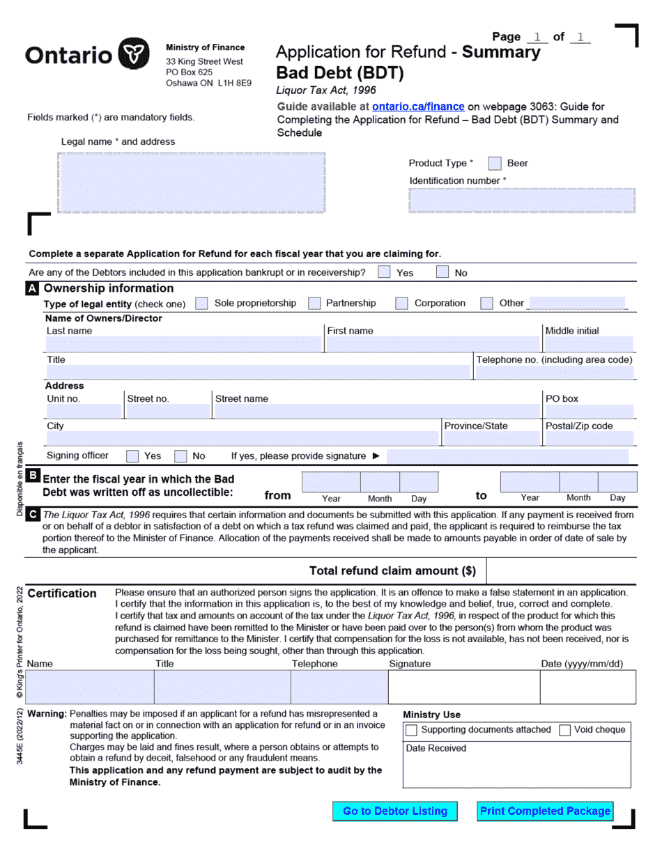 Form 3445E Application for Refund - Bad Debt (Bdt) - Ontario, Canada, Page 1