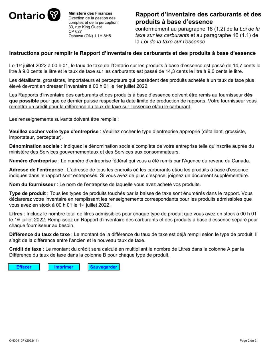 Forme ON00410F Rapport Dinventaire DES Carburants Et DES Produits a Base Dessence - Ontario, Canada (French), Page 2