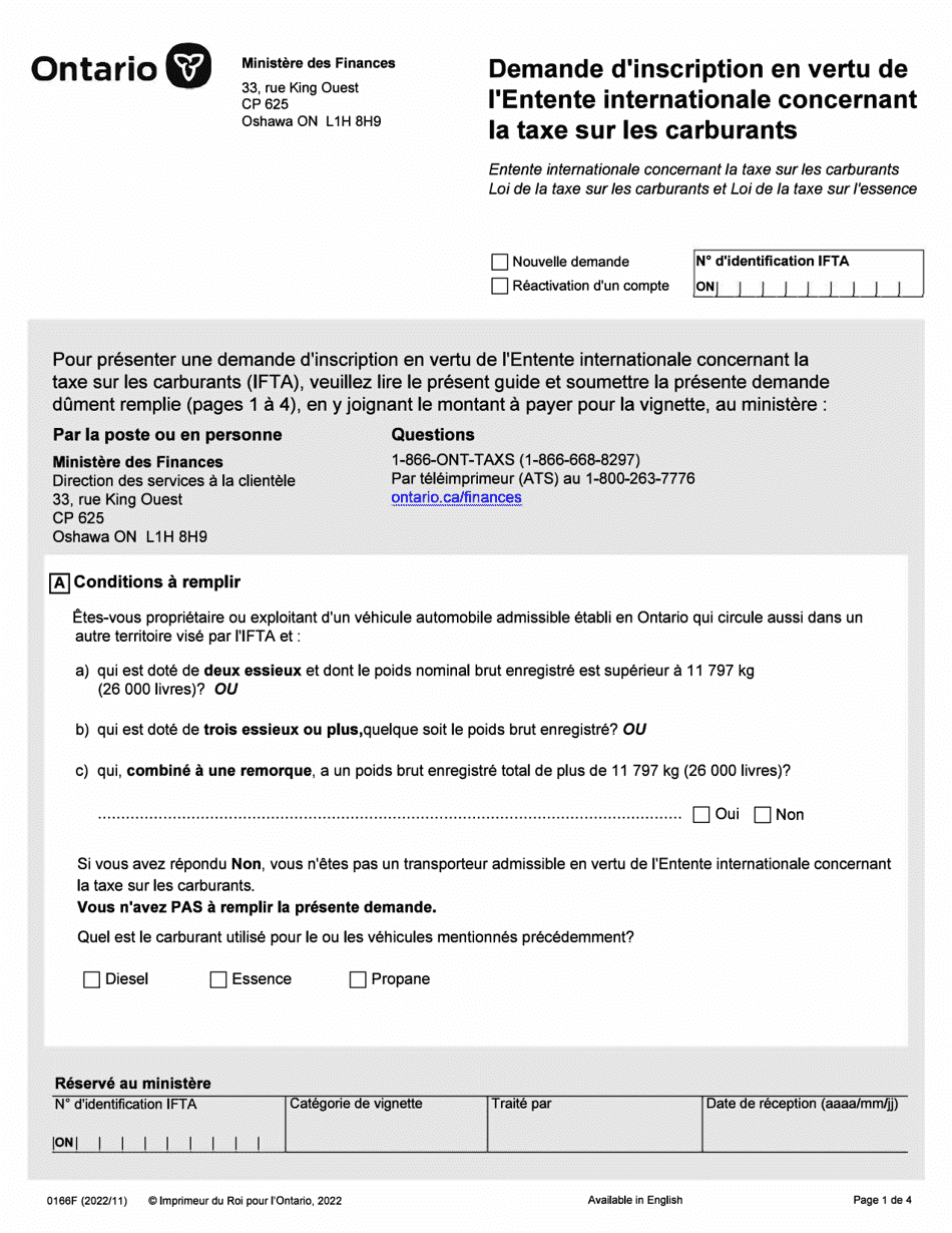 Forme 0166F Demande Dinscripcion En Vertu De Lentente Internationale Concernant La Taxe Sur Les Carburants - Ontario, Canada (French), Page 1