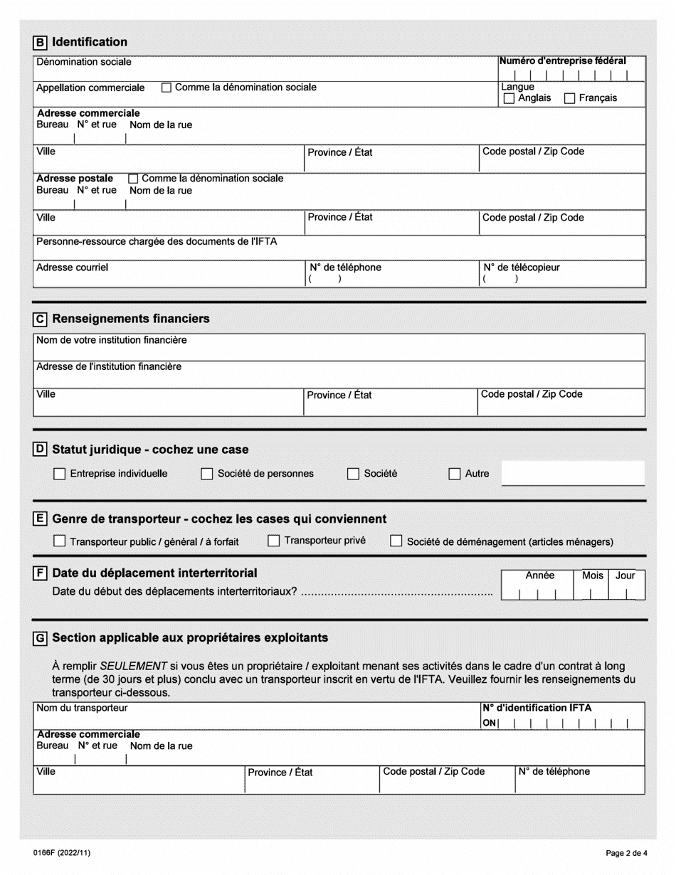 Forme 0166F Demande Dinscripcion En Vertu De Lentente Internationale Concernant La Taxe Sur Les Carburants - Ontario, Canada (French), Page 2