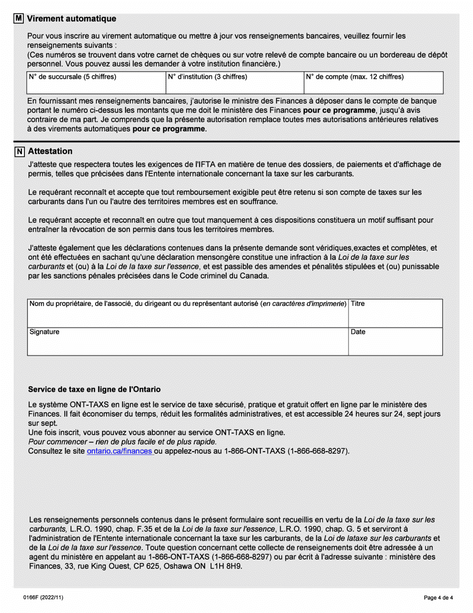 Forme 0166F Demande Dinscripcion En Vertu De Lentente Internationale Concernant La Taxe Sur Les Carburants - Ontario, Canada (French), Page 4