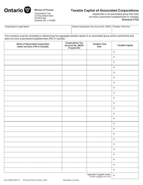 Form 1480B Schedule CT22 Taxable Capital of Associated Corporations - Ontario, Canada