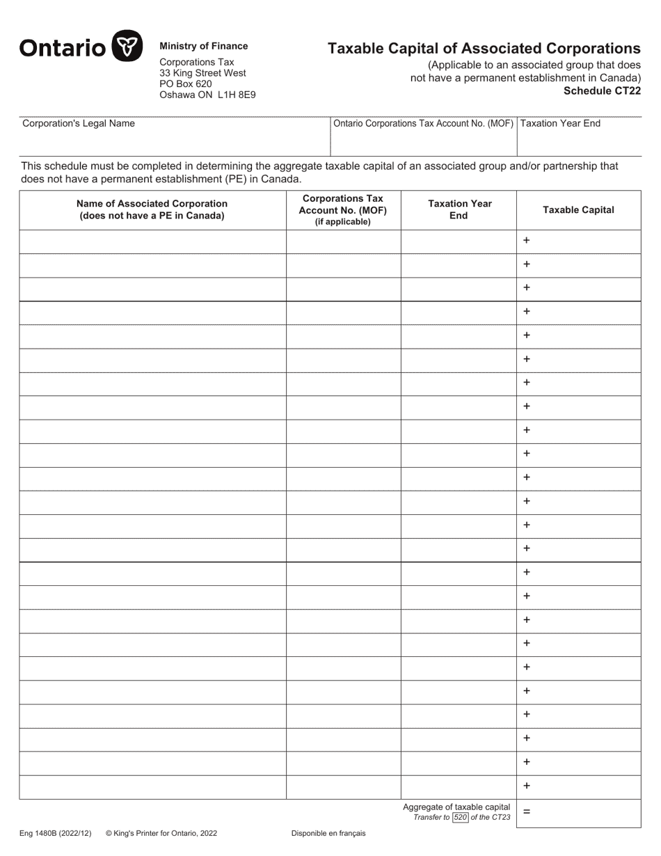 Form 1480B Schedule CT22 Taxable Capital of Associated Corporations - Ontario, Canada, Page 1