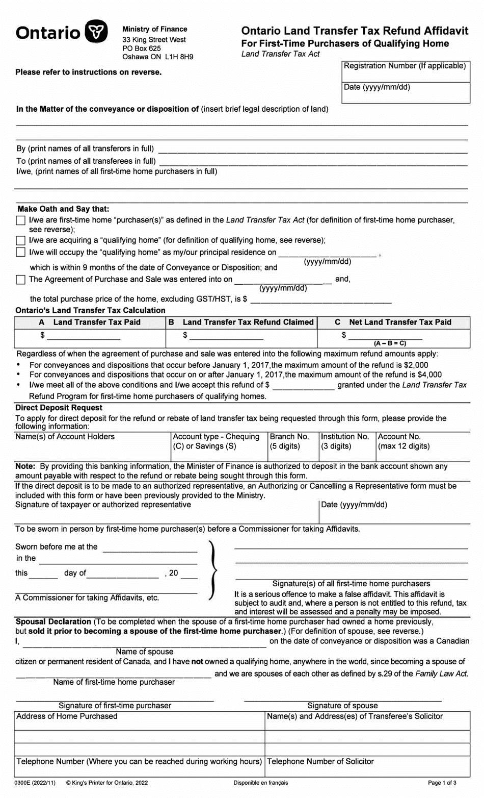 Form 0300E Ontario Land Transfer Tax Refund Affidavit for First-Time Purchasers of Eligible Homes - Ontario, Canada, Page 1