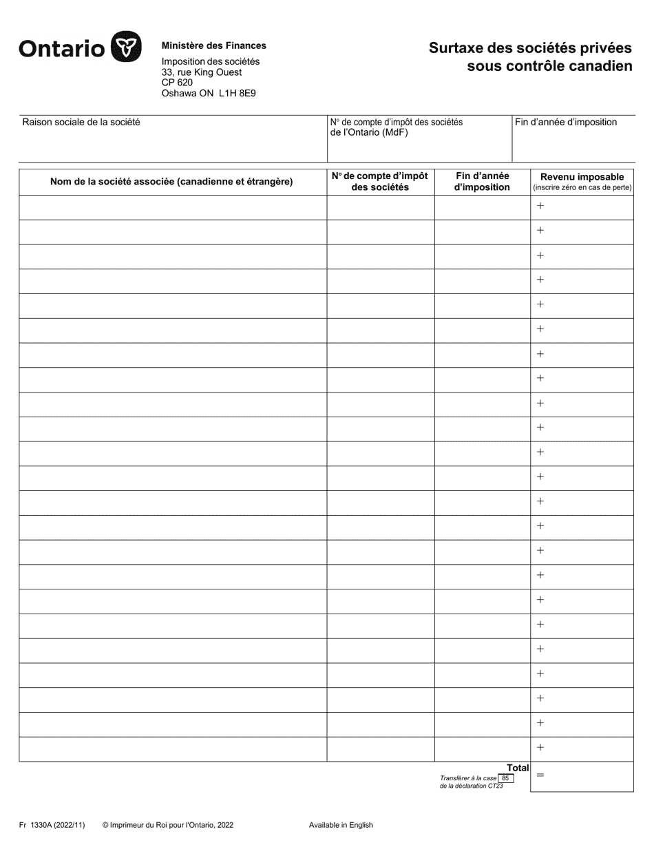 Forme 1330A Surtaxe DES Societes Privees Sous Controle Canadien - Ontario, Canada (French), Page 1