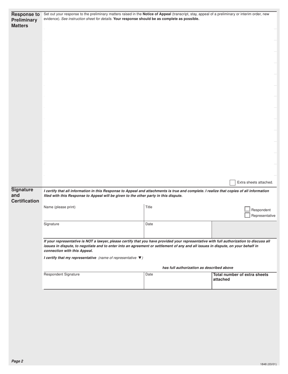 Form J (1848) Response to Appeal - Ontario, Canada, Page 2