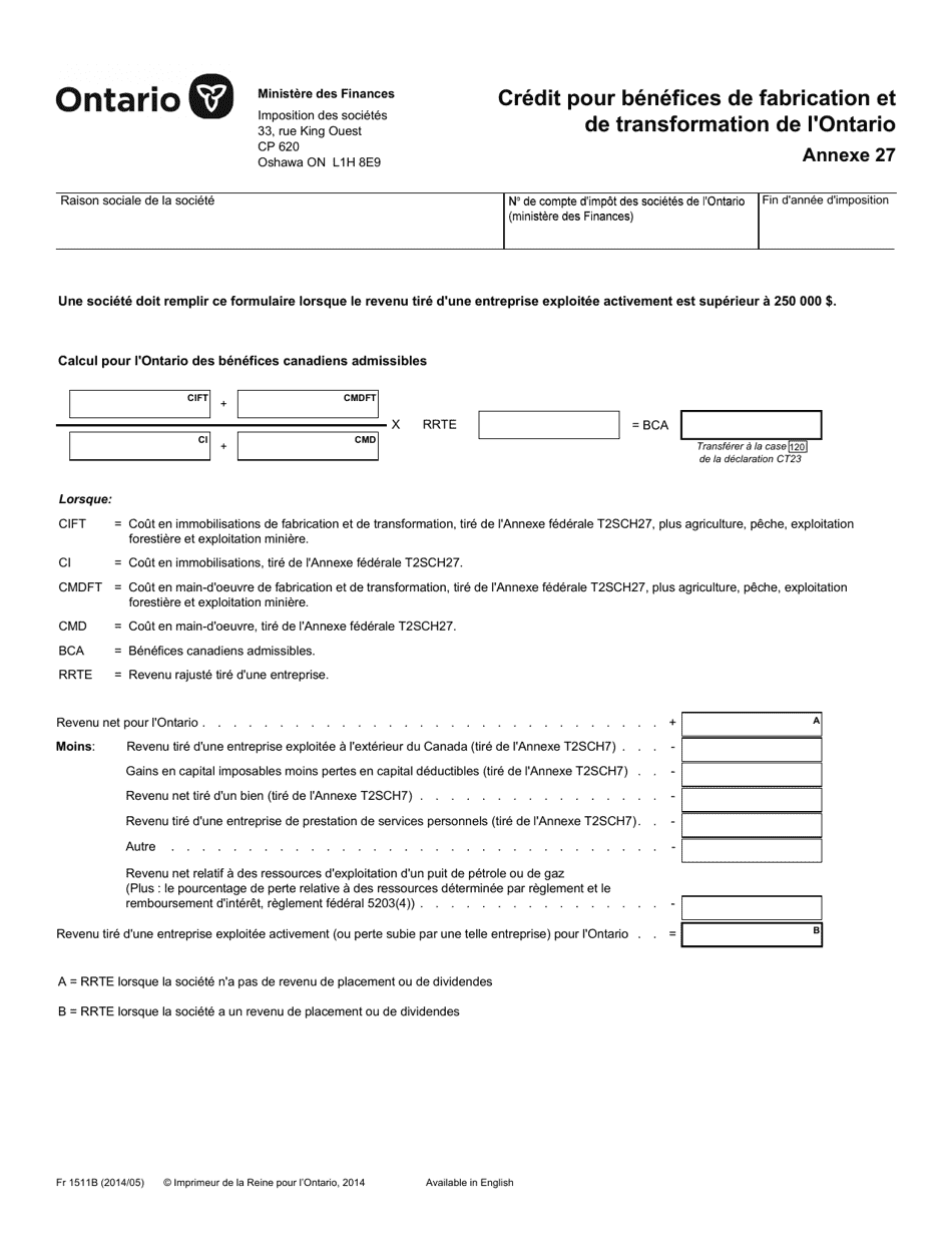 Forme 1511B Agenda 27 Credit Pour Benefices De Fabrication Et De Transformation De Lontario - Ontario, Canada (French), Page 1