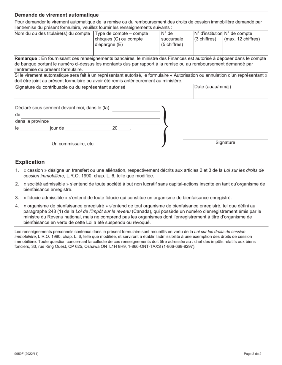 Forme 9950F Affidavit - Cession Entre Organismes De Bienfaisance Enregistres - Ontario, Canada (French), Page 2
