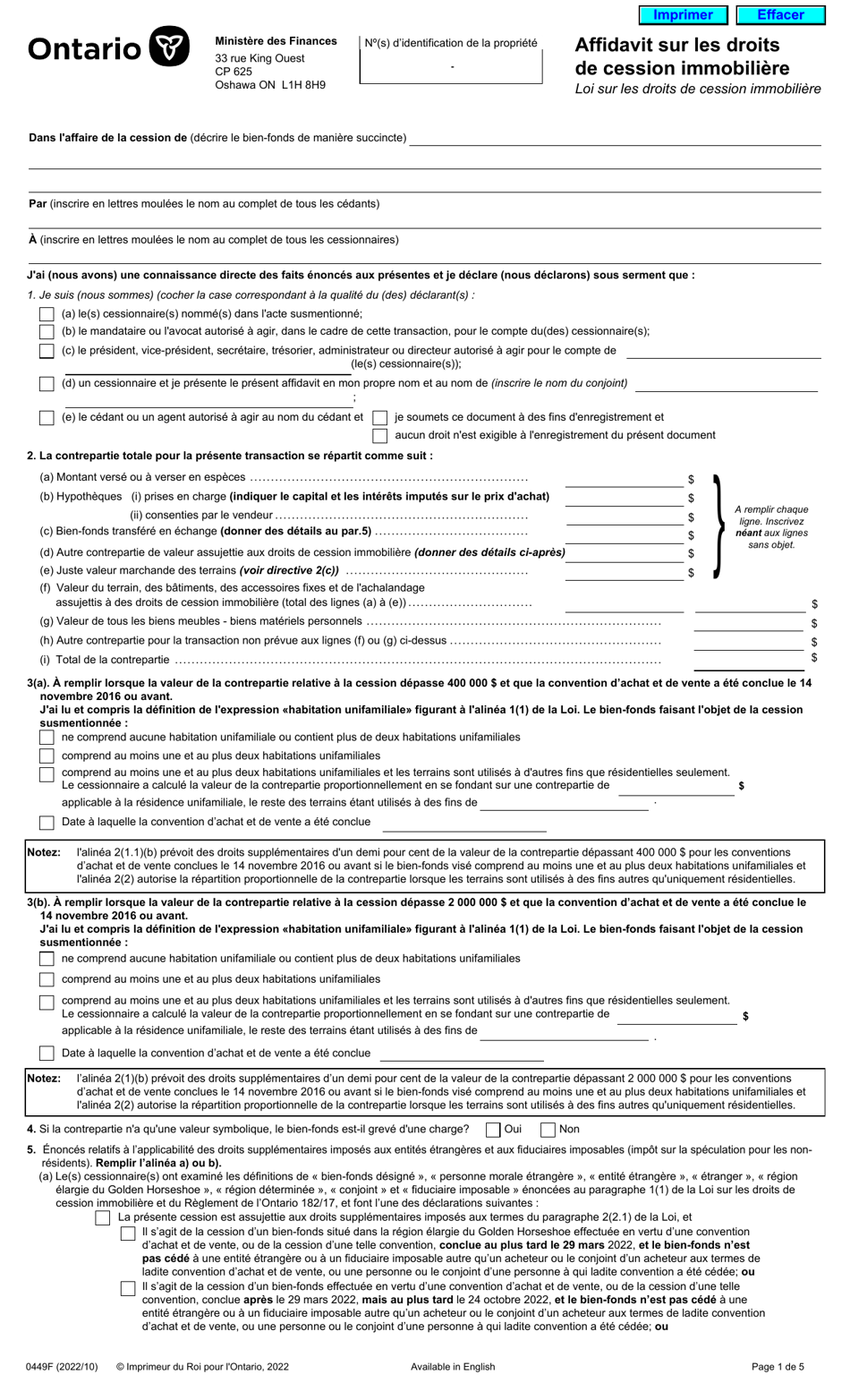 Forme 0449F Affidavit Sur Les Droits De Cession Immobiliere - Ontario, Canada (French), Page 1