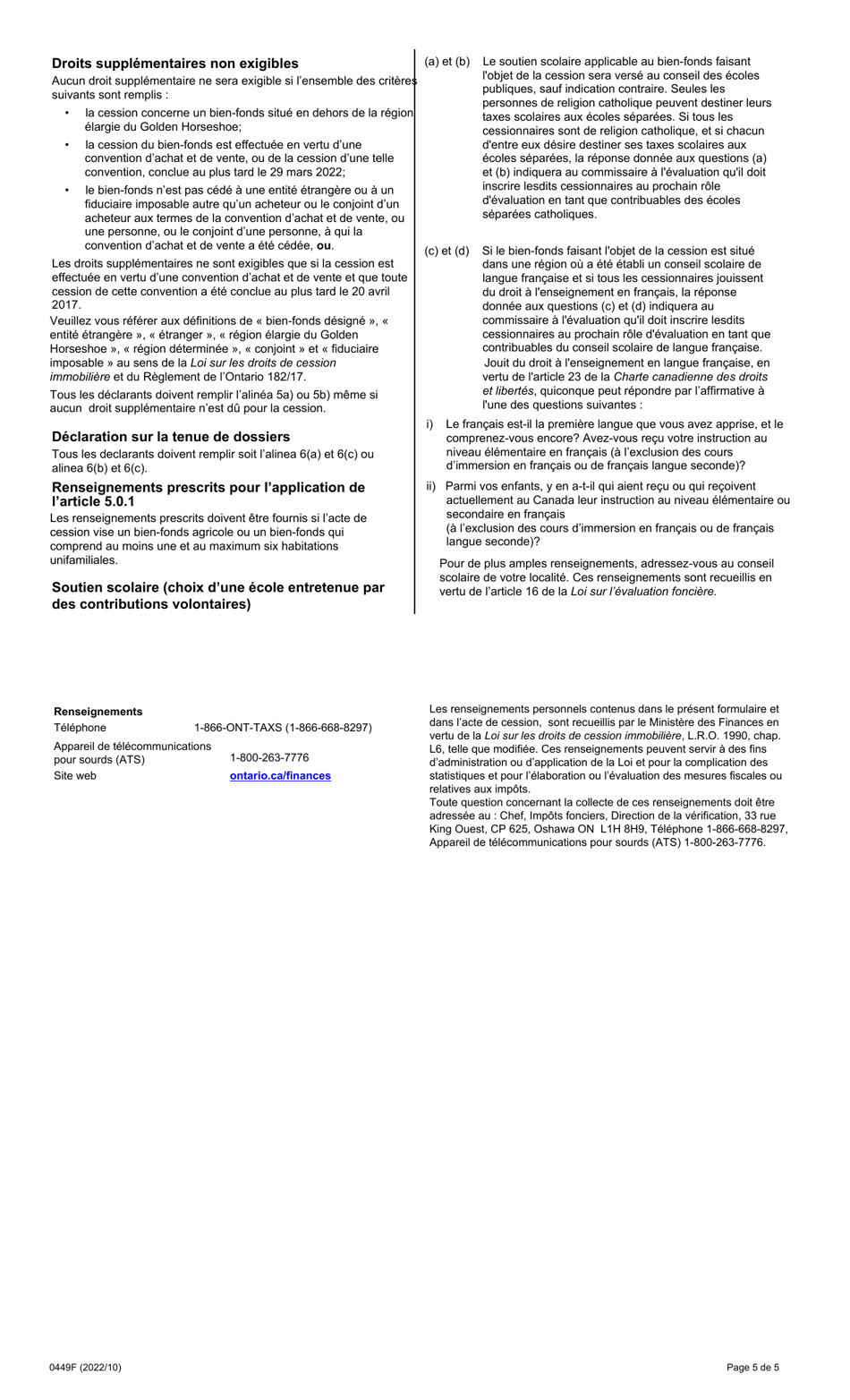 Forme 0449F Affidavit Sur Les Droits De Cession Immobiliere - Ontario, Canada (French), Page 5