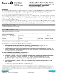 Document preview: Form 0169E Addendum to Sworn Statement When Claiming a Retail Sales Tax Exemption on the Transfer of a Motor Vehicle Between Corporations or Corporation and Shareholder - Ontario, Canada