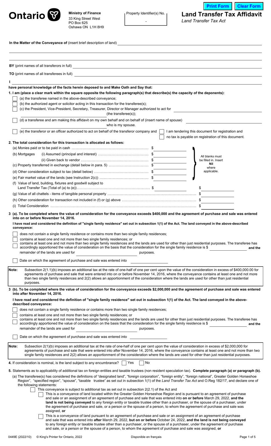 Form 0449E Land Transfer Tax Affidavit - Ontario, Canada, Page 1
