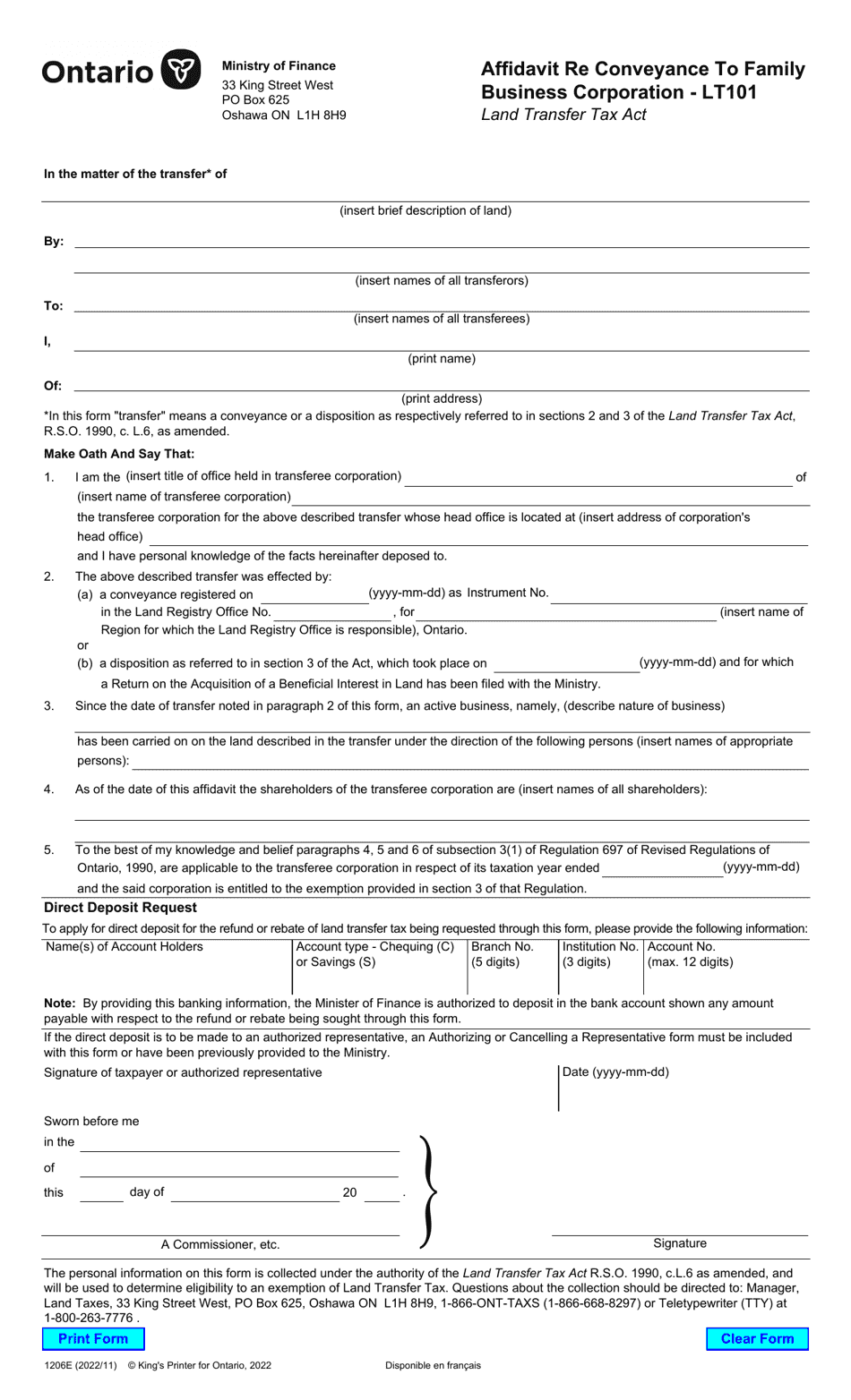 Form LT101 (1206E) Affidavit Re Conveyance to Family Business Corporation - Ontario, Canada, Page 1