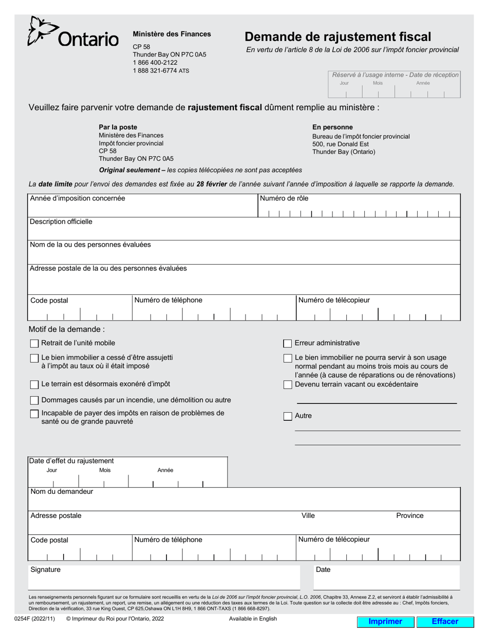 Forme 0254F Demande De Rajustement Fiscal - Ontario, Canada (French), Page 1