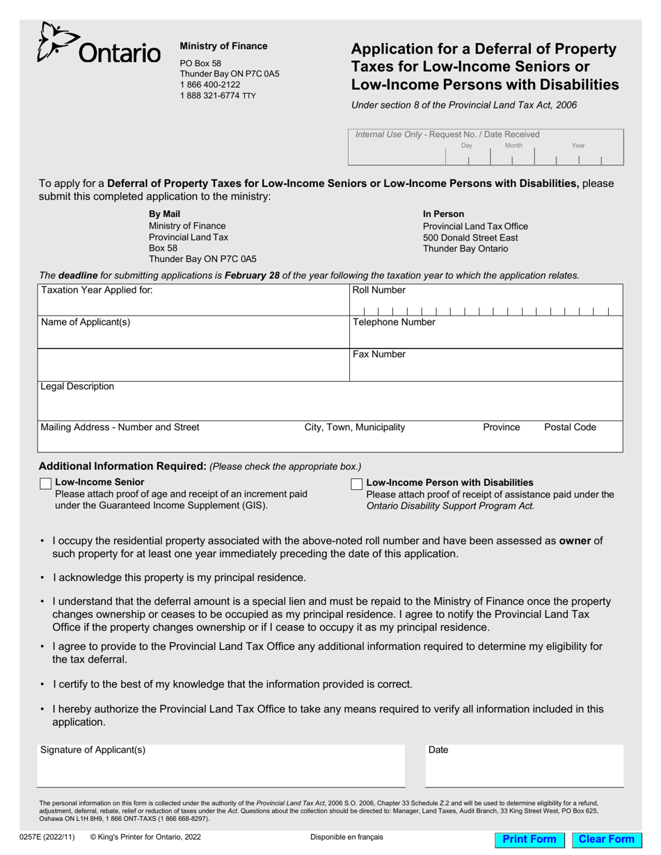 Form 0257E Application for a Deferral of Property Taxes for Low-Income Seniors or Low-Income Persons With Disabilities - Ontario, Canada, Page 1