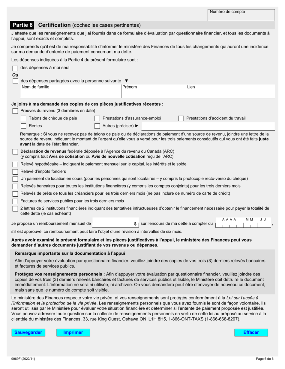 Forme 9969F Evaluation Par Questionnaire Financier Pour Les Particuliers - Ontario, Canada (French), Page 6
