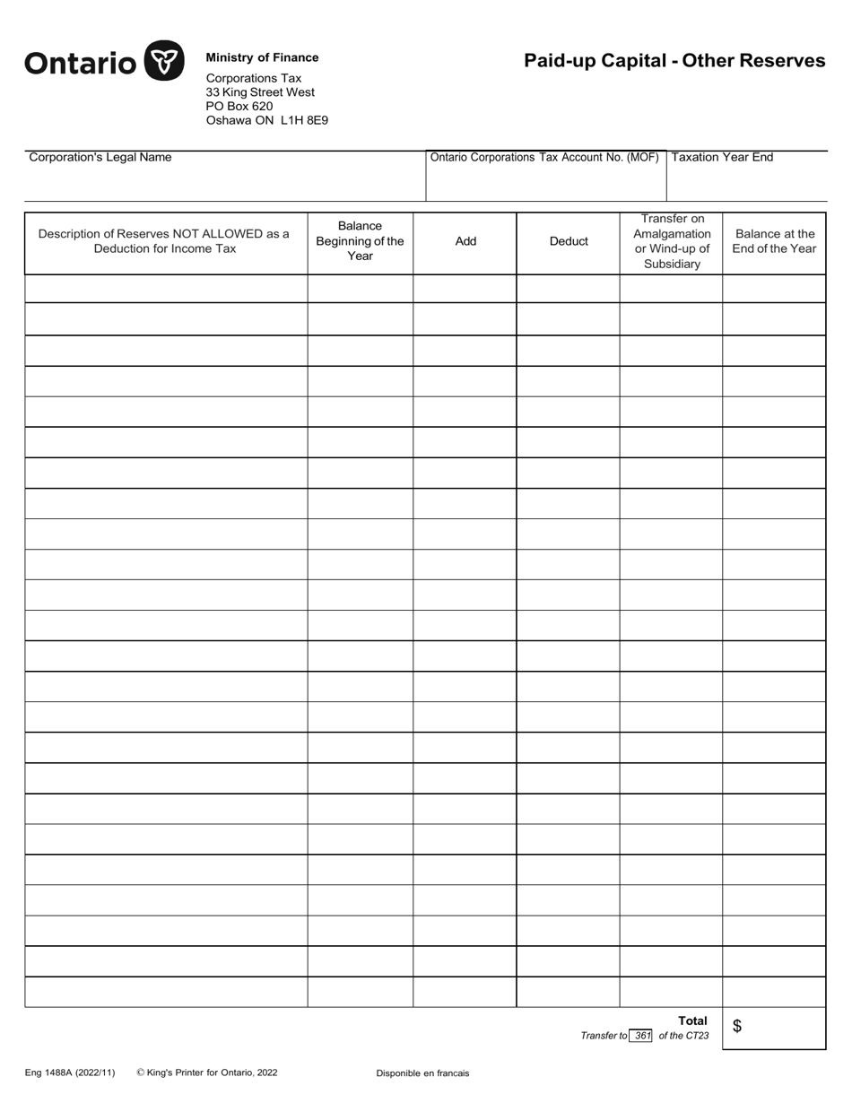 Form 1448A Paid-Up Capital - Other Reserves - Ontario, Canada, Page 1